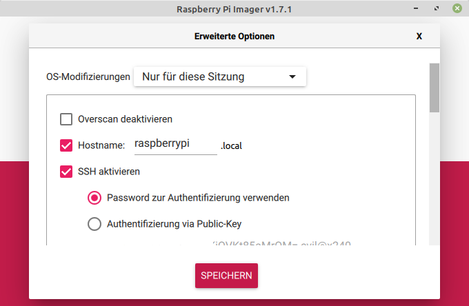 Raspberry Pi Imager Einstellungsfenter Strg+Shift+X